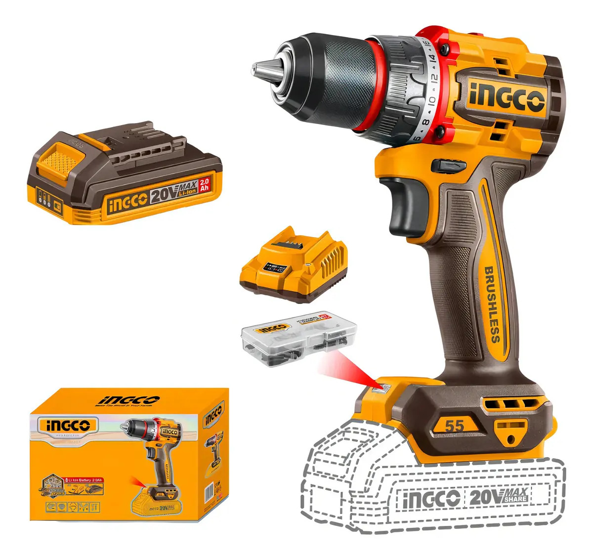 Kit Parafusadeira E Furadeira 20v Ingco A Bateria 55nm