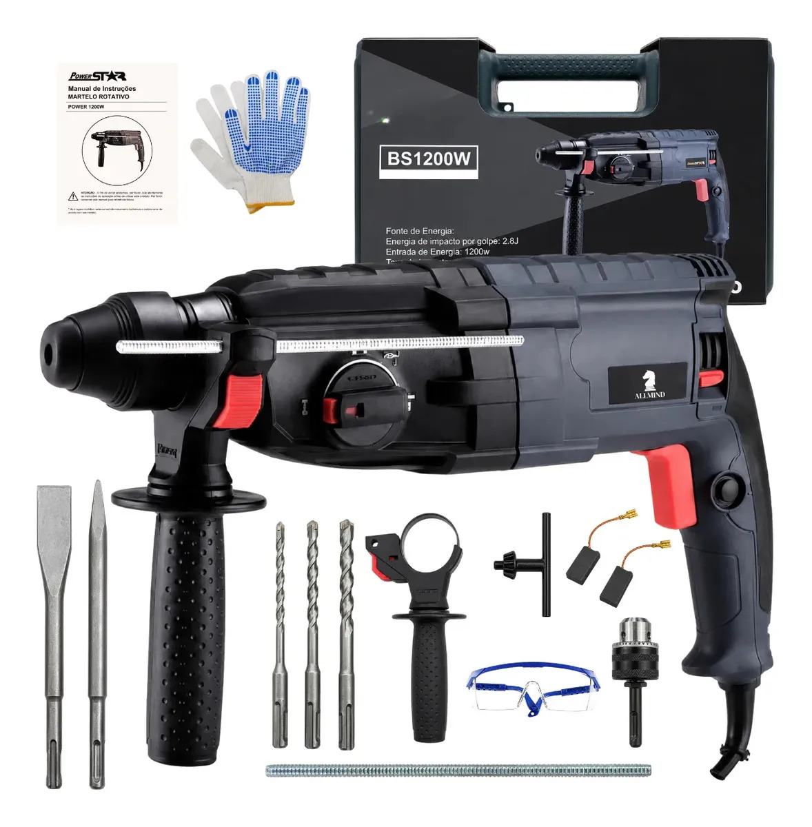 Martelete Furadeira Allmind 1200W Kamaré SDS Plus Impacto 5Kg Perfurador Rompedor Furadeira de Impacto Maleta Demolidor Com Acessórios 3 em 1 Profissional