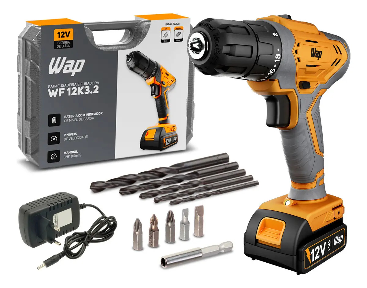 Parafusadeira Furadeira WAP WF 12K Li-ion + Maleta e 11 Acessórios