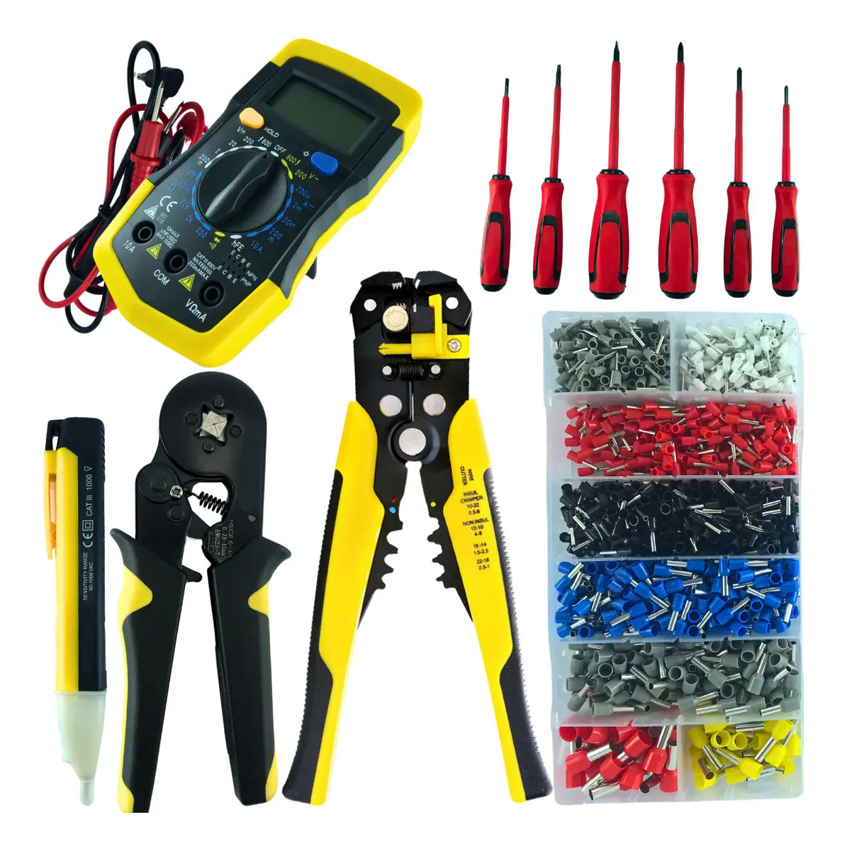 Alicate Crimpar Prensa Terminal Decapador Desencapador Fios 1200 Terminais Ilhós Tubular Chaves Isoladas Kit Eletricista Profissional Ferramentas