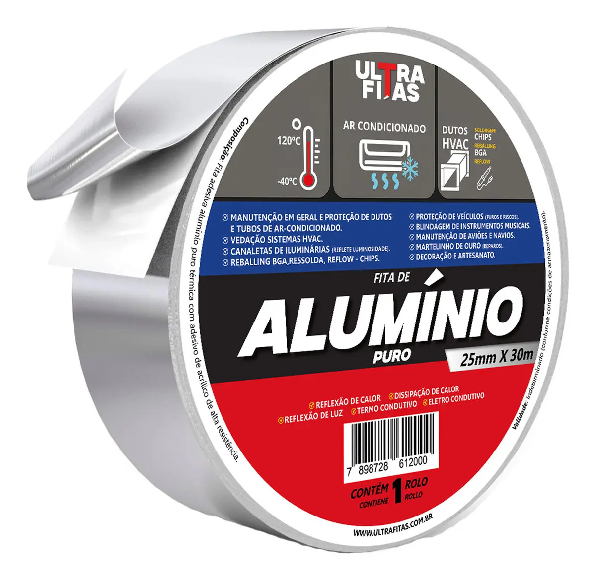 Fita Adesiva Alumínio 30m X 25mm Prateado Liso Resistente A Químicos
