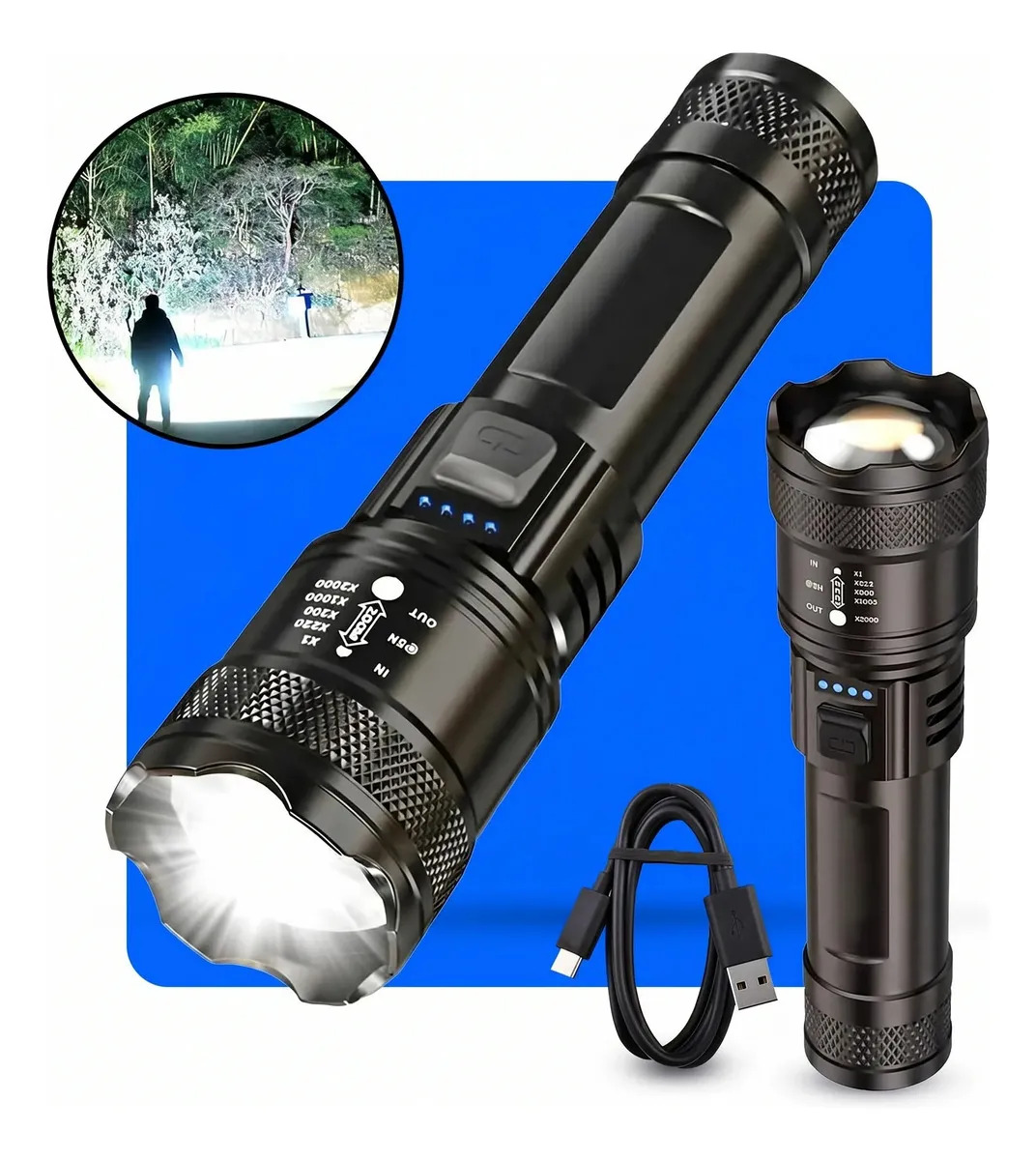 Lanterna Militar Tatica LED Mais Forte do Mundo Potente 1Km Zoom Telescópico Alto Brilho Resistente Agua Sitio Fazenda UNILED