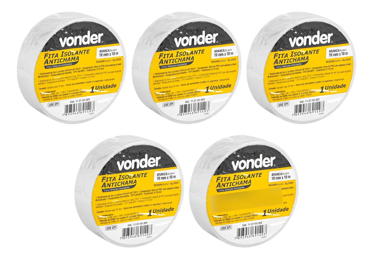Kit 5 Fitas Isolantes, 19,0 Mm X 10 Metros Brancas - Vonder