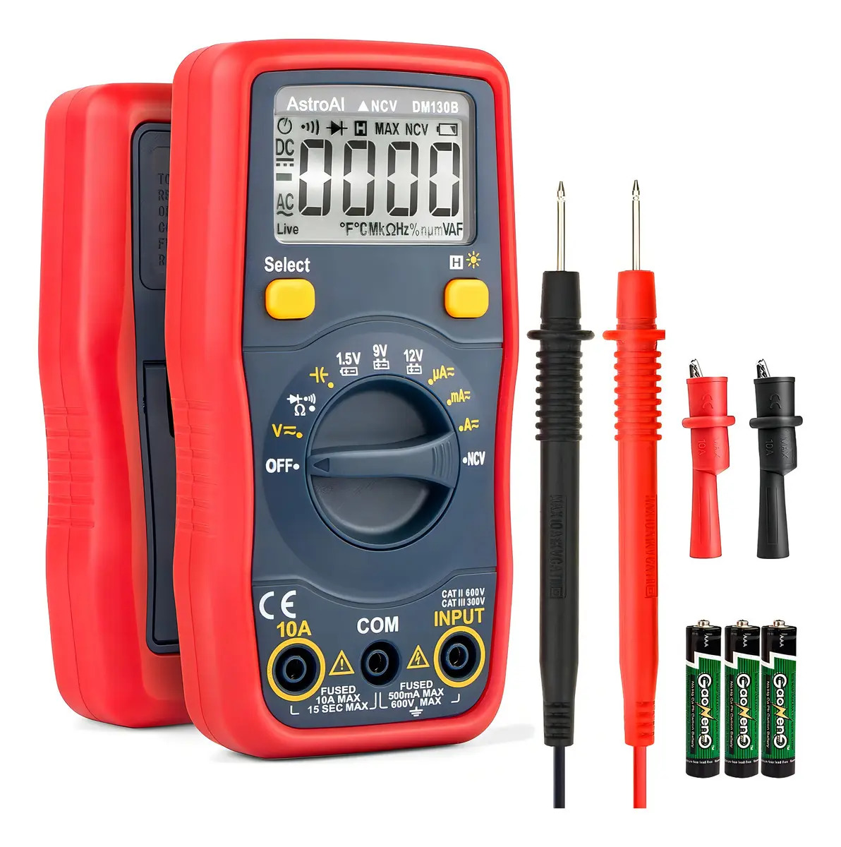 Multimetro profissional capacimetro digital automatico AstroAI,Voltímetro para Teste de Tensão de Baterias de 1,5V/9V/12V com Seleção Automática de Faixa/Ohmímetro/DMM com Função NCV,Corrente