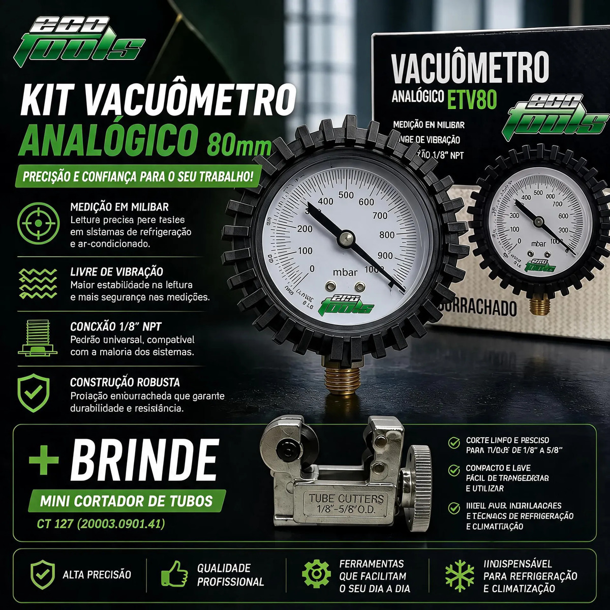 Vacuômetro Analógico C/adaptador Universal Ecotools + Brinde