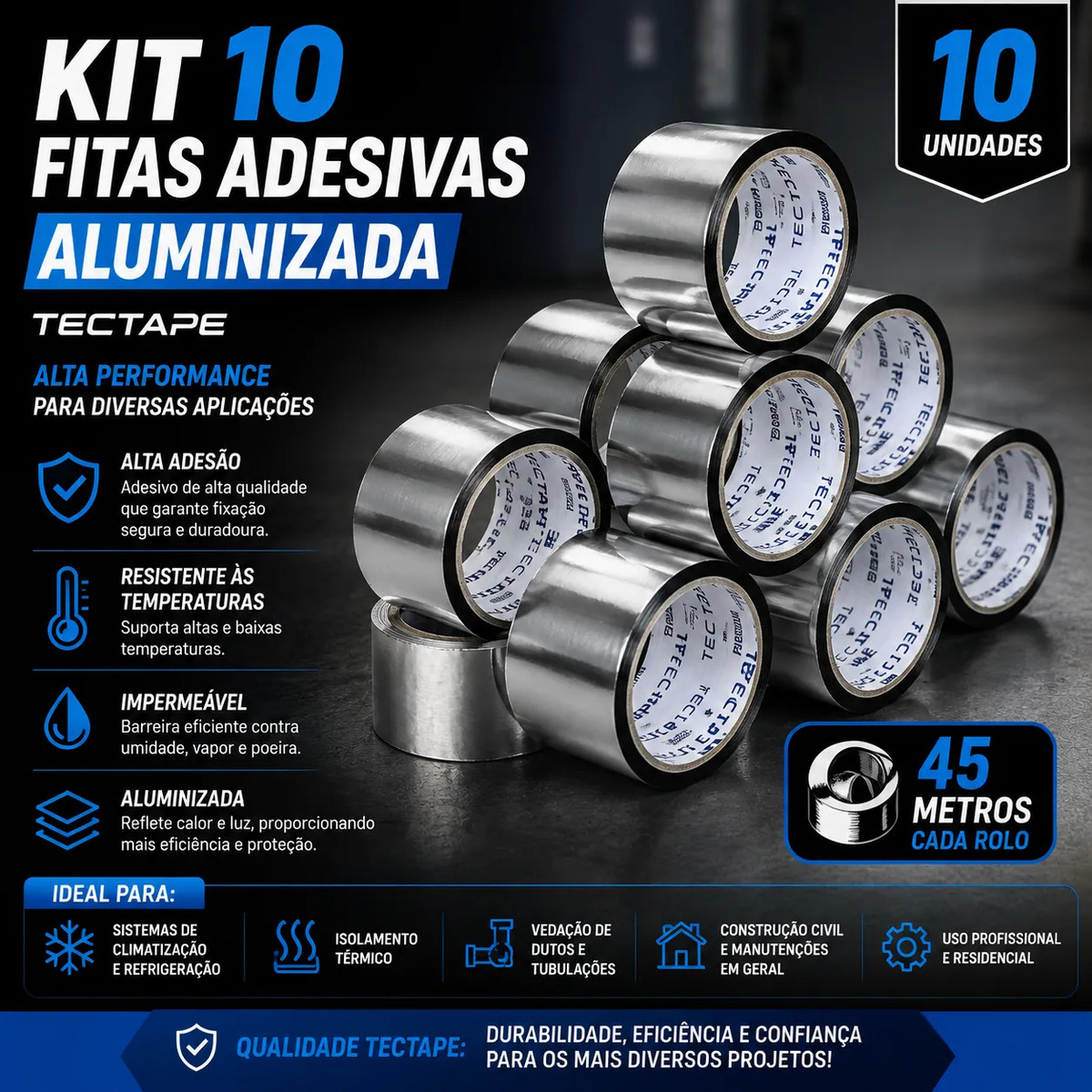 Kit 10 Fitas Adesiva Aluminizada 45m X 45m Tectape