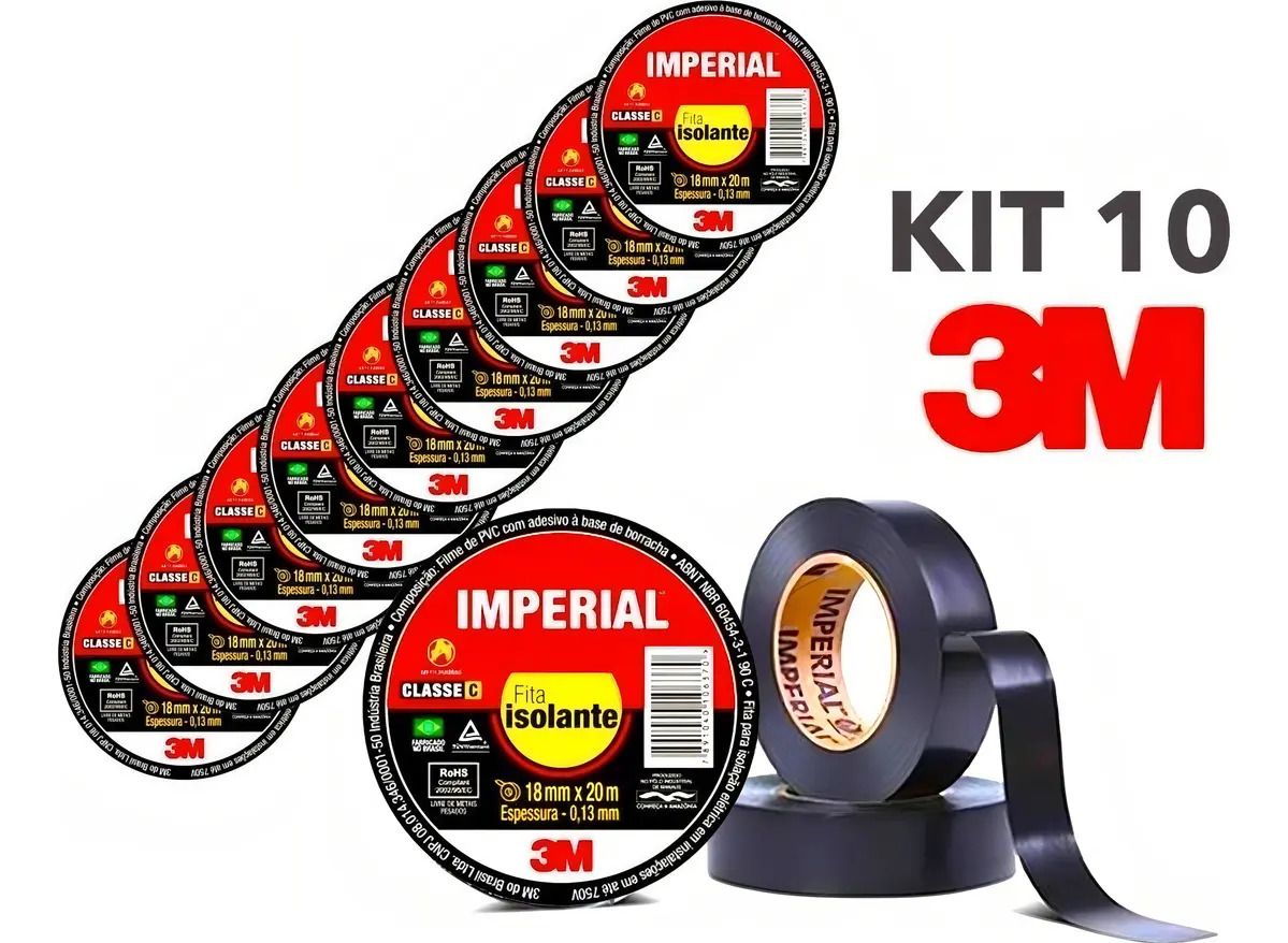 Fita isolante 3M Imperial — 18 mm x 20 m, kit com 10