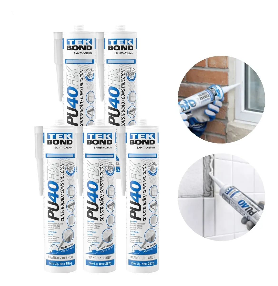 Selante Tekbond PU 40 Fix branco — 387 g, kit com 5