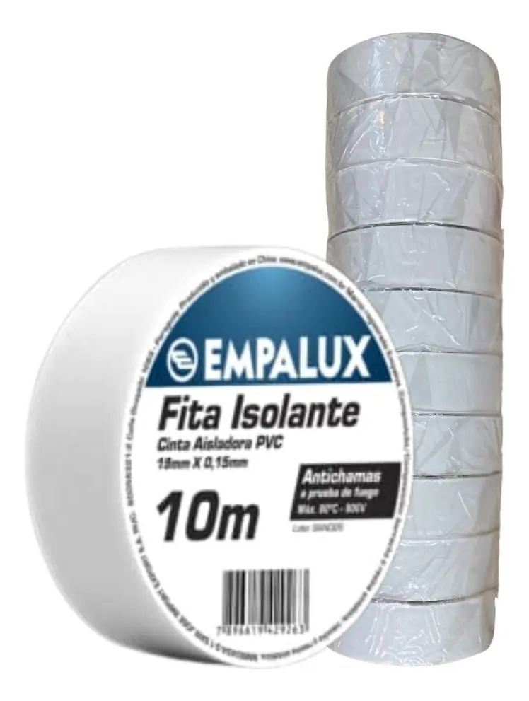 Fita isolante branca — 19 mm x 10 m, kit com 10 rolos