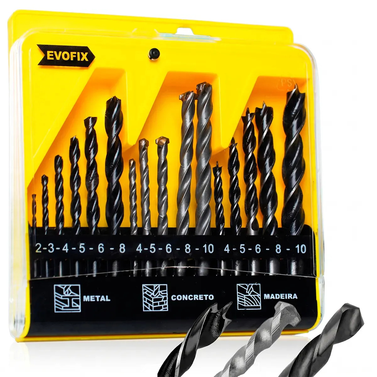 Kit de brocas Evofix para madeira, concreto e metal — 16 peças