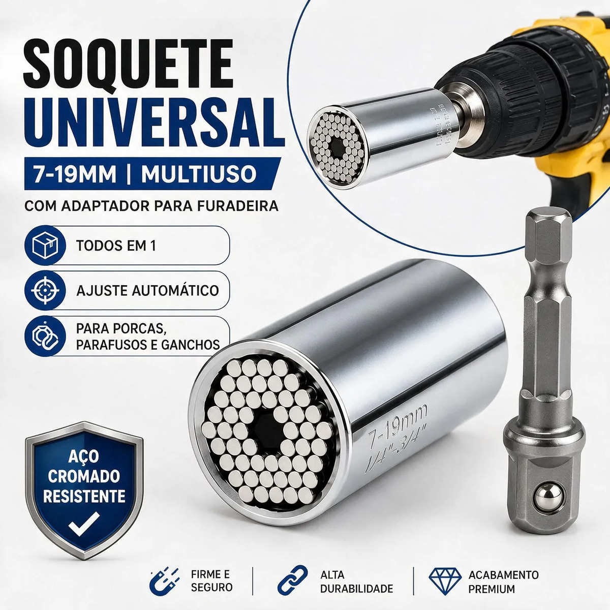 Soquete de 7 a 19 mm com adaptador para parafusadeira