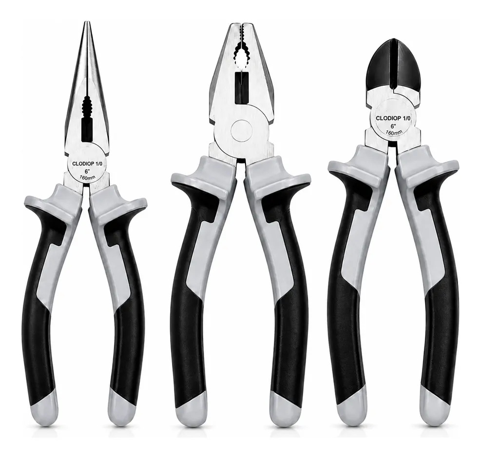 Kit de 3 alicates: universal, bico e corte