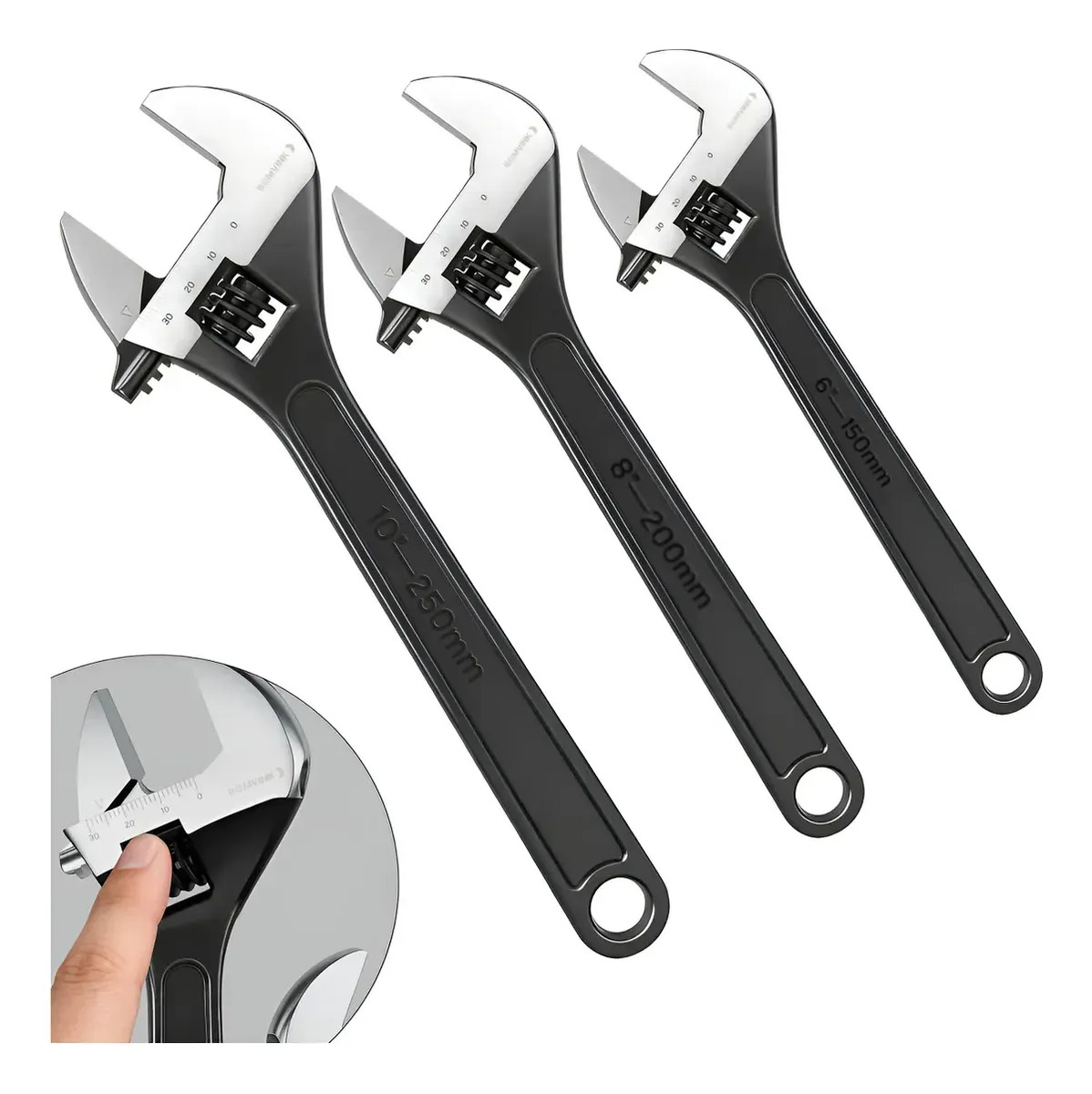 Kit de 3 chaves inglesas ajustáveis 6, 8 e 10 pol.