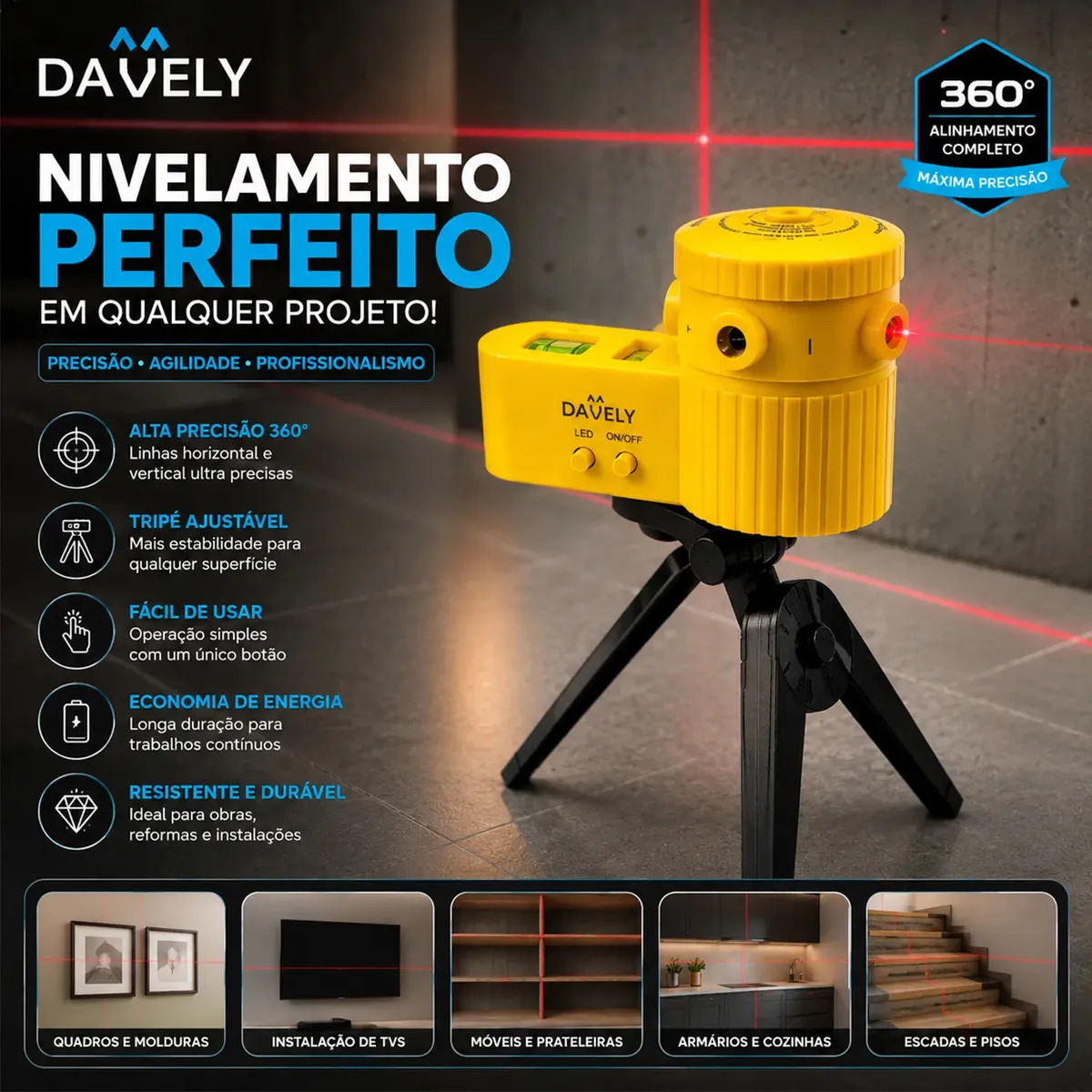 Nível a laser Davely 360° com tripé ajustável