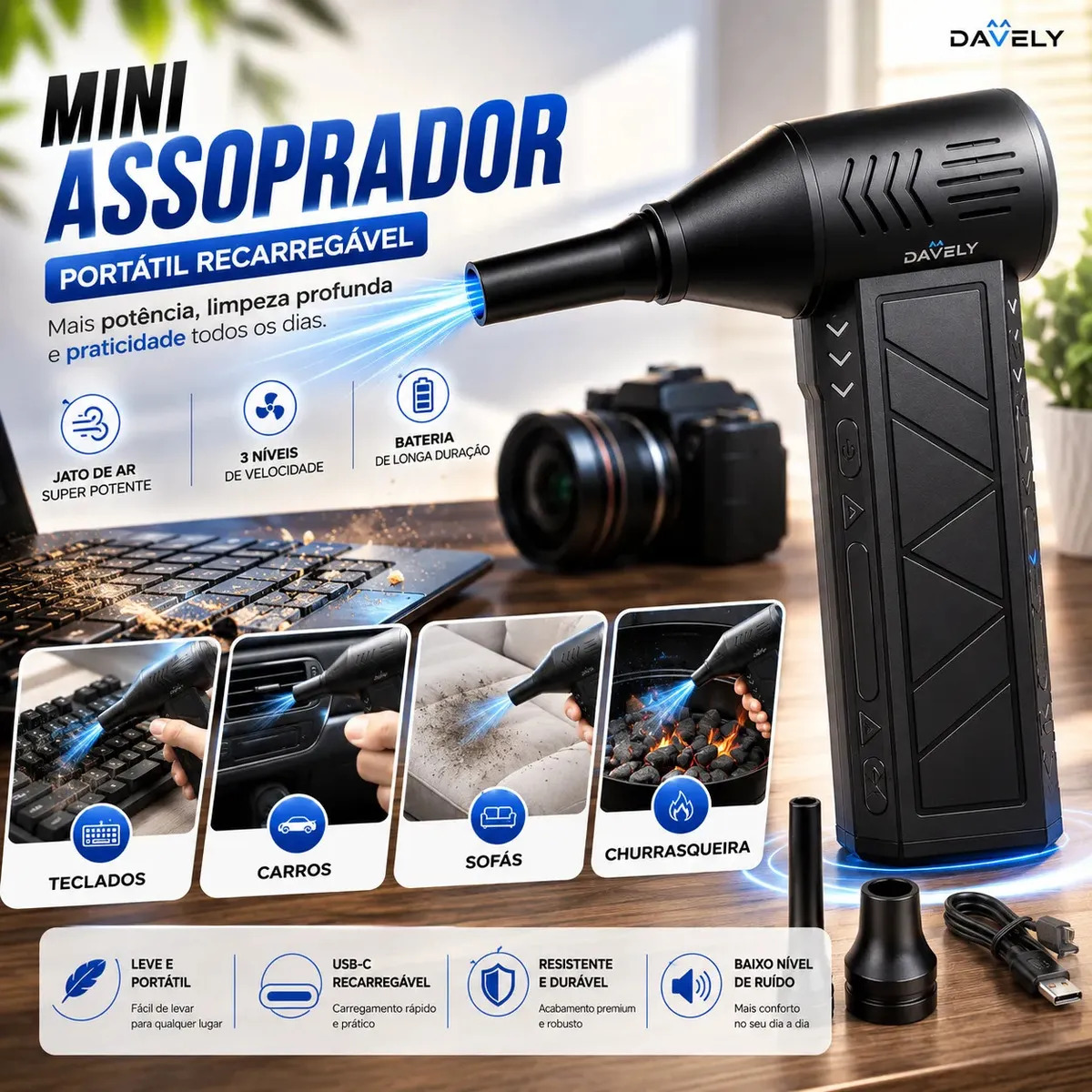 Mini Soprador Davely USB Recarregável — 3 Níveis