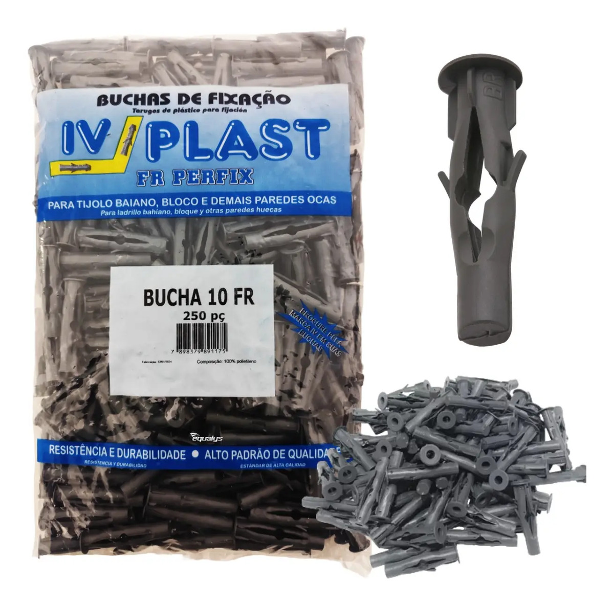 Bucha 10mm com Aba para Parede Oca — 250 Peças