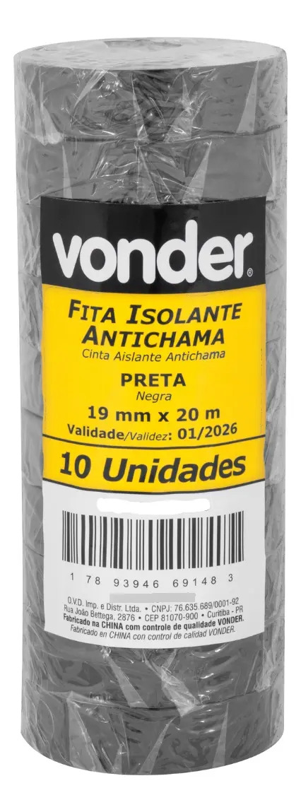 Kit 10 fitas isolante, 19 mm X 20 m, preta - vonder
