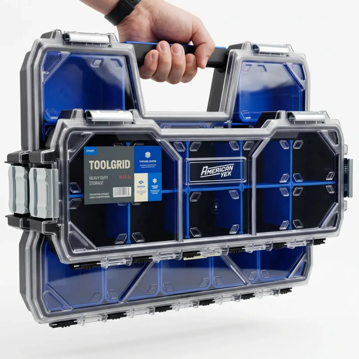 Kit Caixa Organizadora Ferramentas ToolGrid Americanvek 27 Compartimentos Ajustáveis Sistema Modular Tampa Transparente Pesca Camping Eletronicos Parafusos Porcas Brocas Bits Anzois Flex 10 + Flex 17