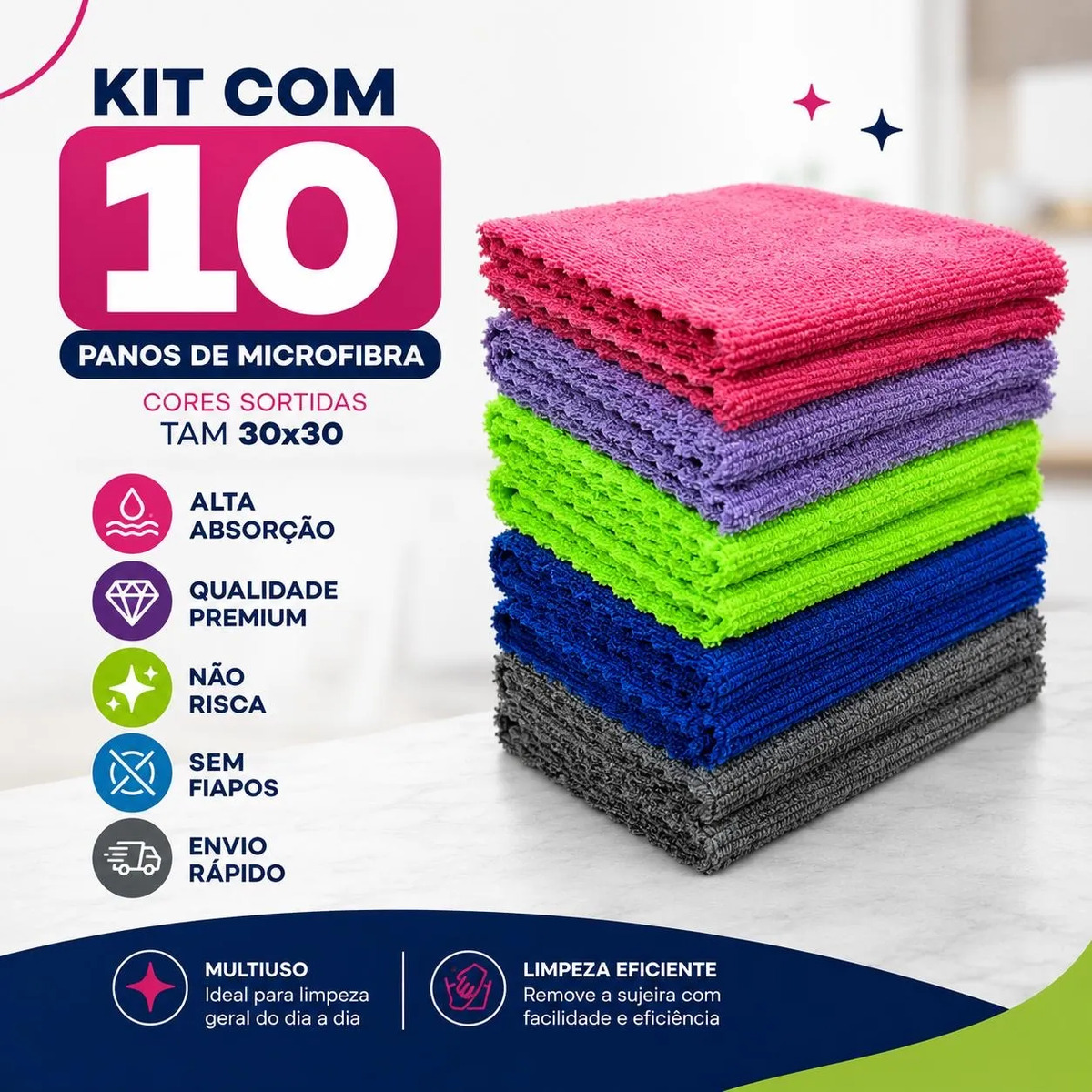 Kit 10 Panos Microfibra Alta Absorção Multiuso Não Risca