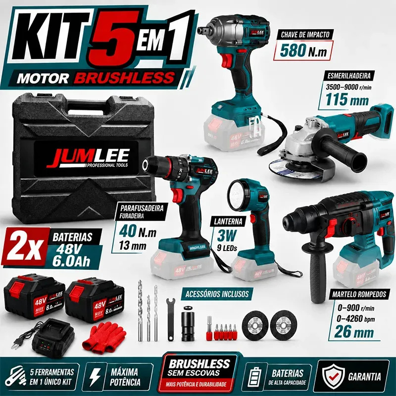 Kit Ferramentas 5 Em 1 68V Brushless Com 2 Baterias 8.0Ah Maleta Parafusadeira Furadeira Chave Impacto 580Nm Esmerilhadeira E Martelete JUMLEE