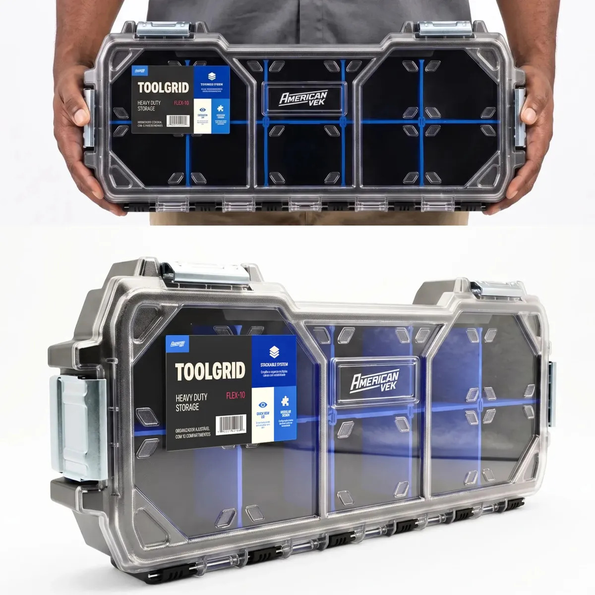Caixa Organizadora Ferramentas ToolGrid Americanvek 10 Compartimentos Ajustáveis Removiveis Sistema Modular Tampa Transparente Pesca Camping Eletronicos Parafusos Porcas Brocas Bits Anzois Flex 10