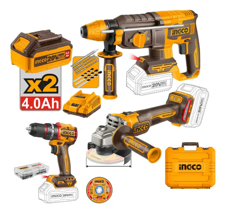 Combo Parafusadeira+esmerilhadeira+martelete+2x 4ah Ingco