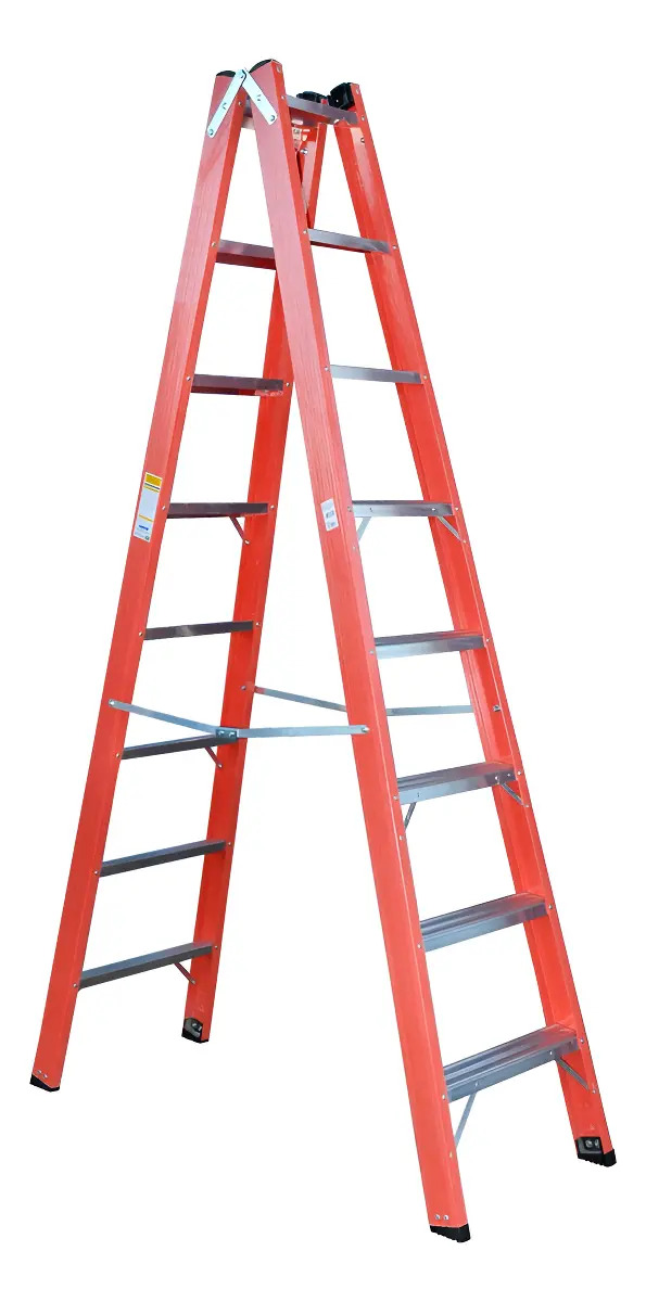 Escada De Fibra De Vidro 8 Degraus 2,40 M Americana Dupla Cor Vermelho