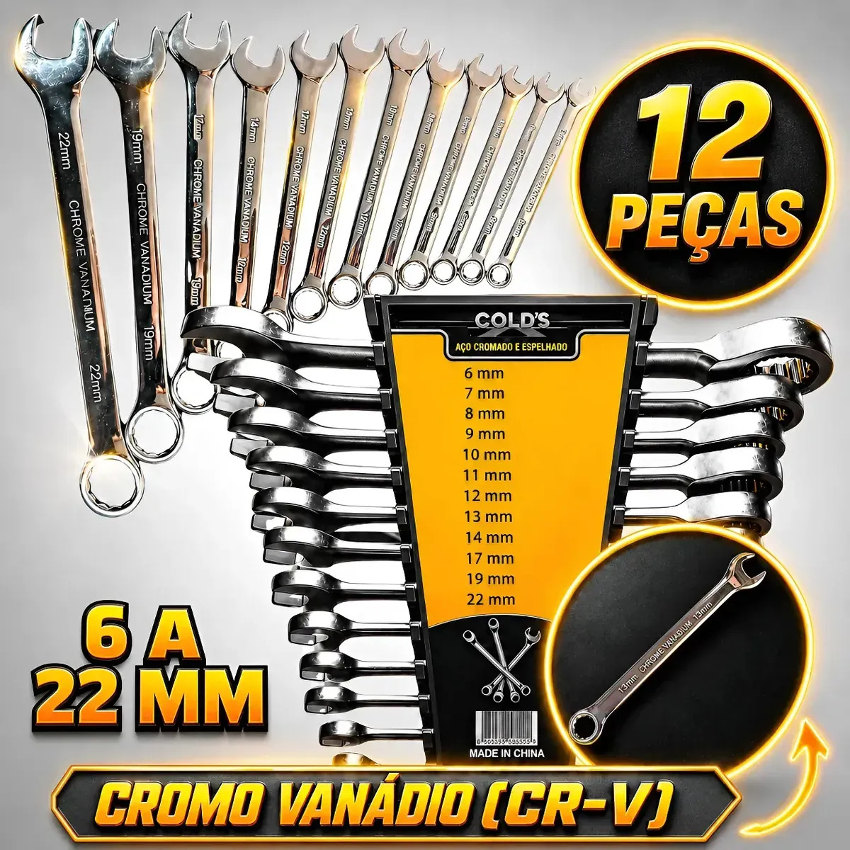 Kit Jogo 12 Chaves Combinadas 6 A 22mm Aço Cr-v Cromo Vanádio Boca Estrela Alta Resistência Xcolds