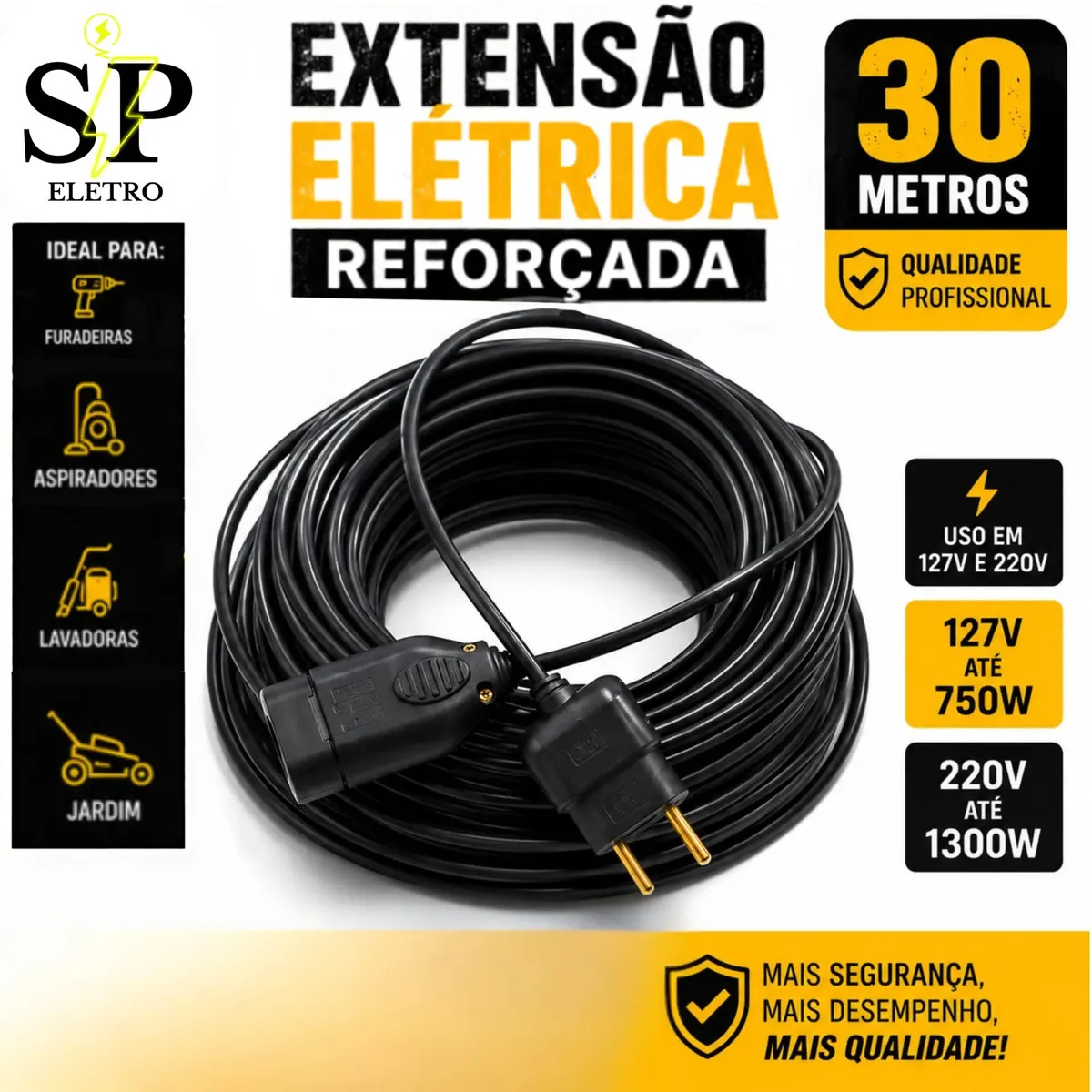 Extensão Elétrica Reforçada 30 Metros 10a Obra Profissional Eletro SP