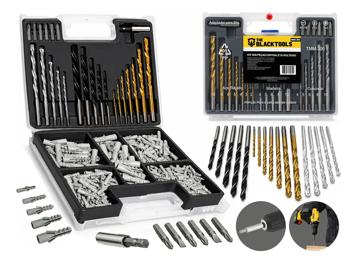 Kit Jogo De Ferramentas Multiuso 300 Peças Com Maleta Brocas Bits e Buchas TMM300 - The Black Tools