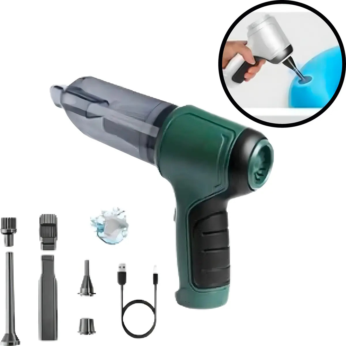 Aspirador Soprador Portátil JB-107 Vaccum Cleaner 120W USB Recarga Verde
