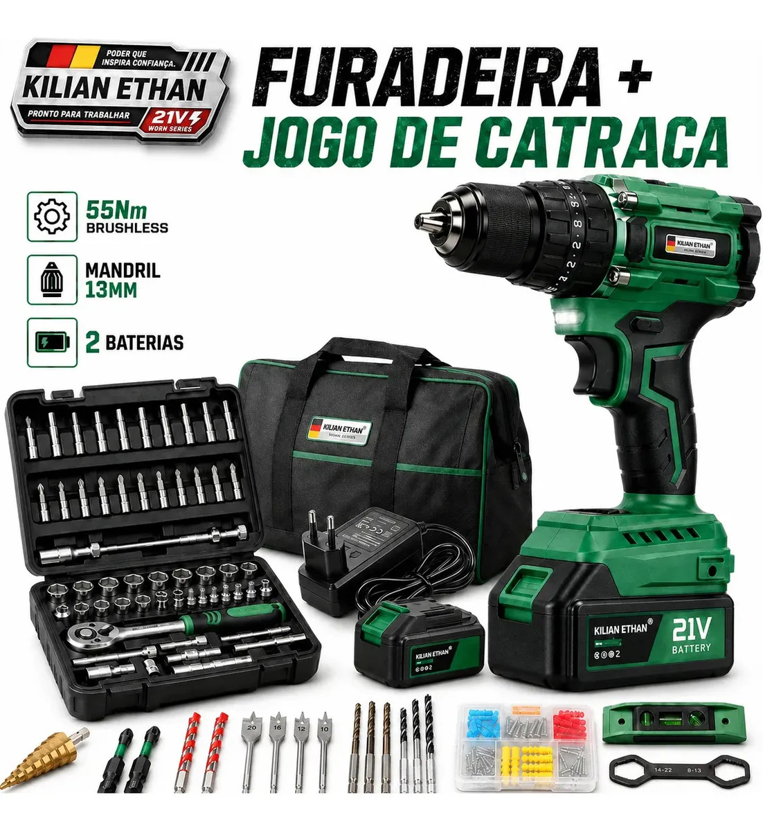 Furadeira de Impacto Brushless 21V 55Nm | com Mandril Metálico 13mm, 2 Baterias, Carregador Bivolt | e Jogo de Soquetes com Catraca Manual de 46 Peças | Kilian Ethan