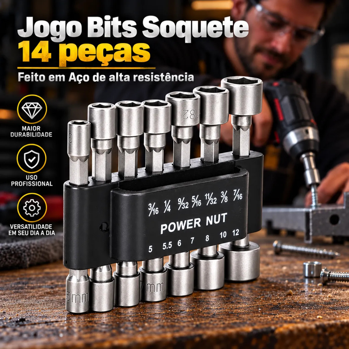 Jogo Bits Soquete Parafusadeira Canhão Chaves Pito 14 Peças