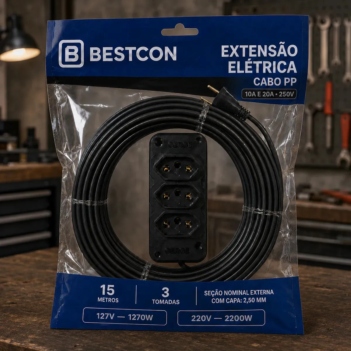 Extensão Elétrica 15m Cabo Pp 2x2,5mm Reforçada Obra Profissional 10/20a Cor Preta 110/220v BestCon