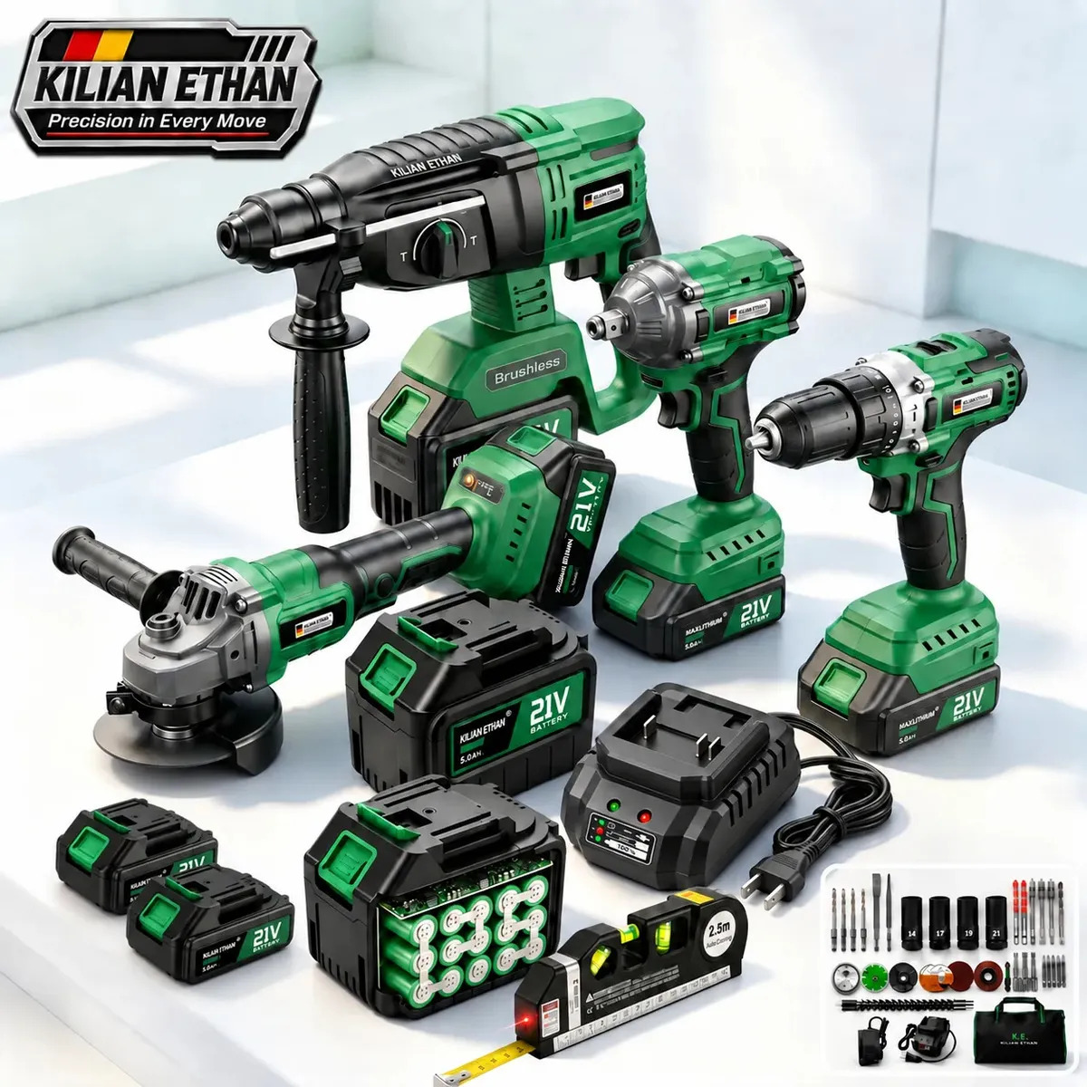 Esmerilhadeira Brushless 125/115mm | Kit 4 em 1 com 21V Furadeira de Impacto, Martelete SDS Plus e Chave de Impacto | 4 Baterias: 2x6Ah + 2x2Ah | Carga Rápida 3A | Kilian Ethan