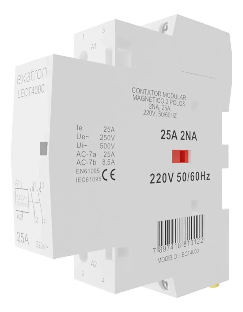 Contator Modular Bipolar 25a 2 Polos 2na 220 Volts Contatora Exatron Lect4000 Trilho Din35 220v