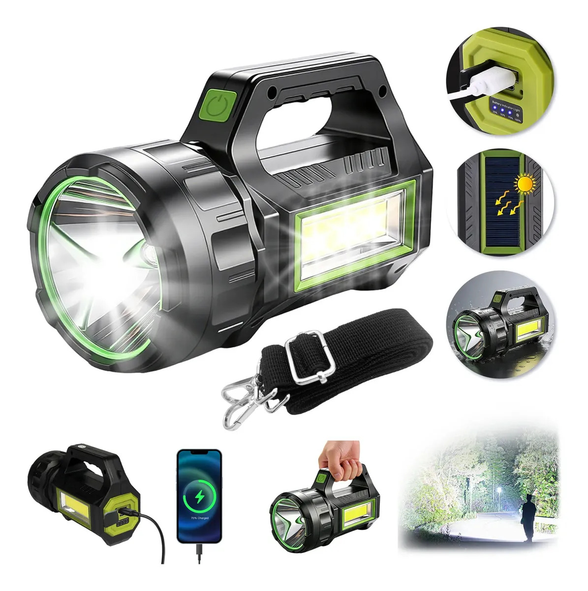 Lanterna Tática Recarregável Profissional 20.000mAh para Acampamento e Pesca com Power Bank e Solar
