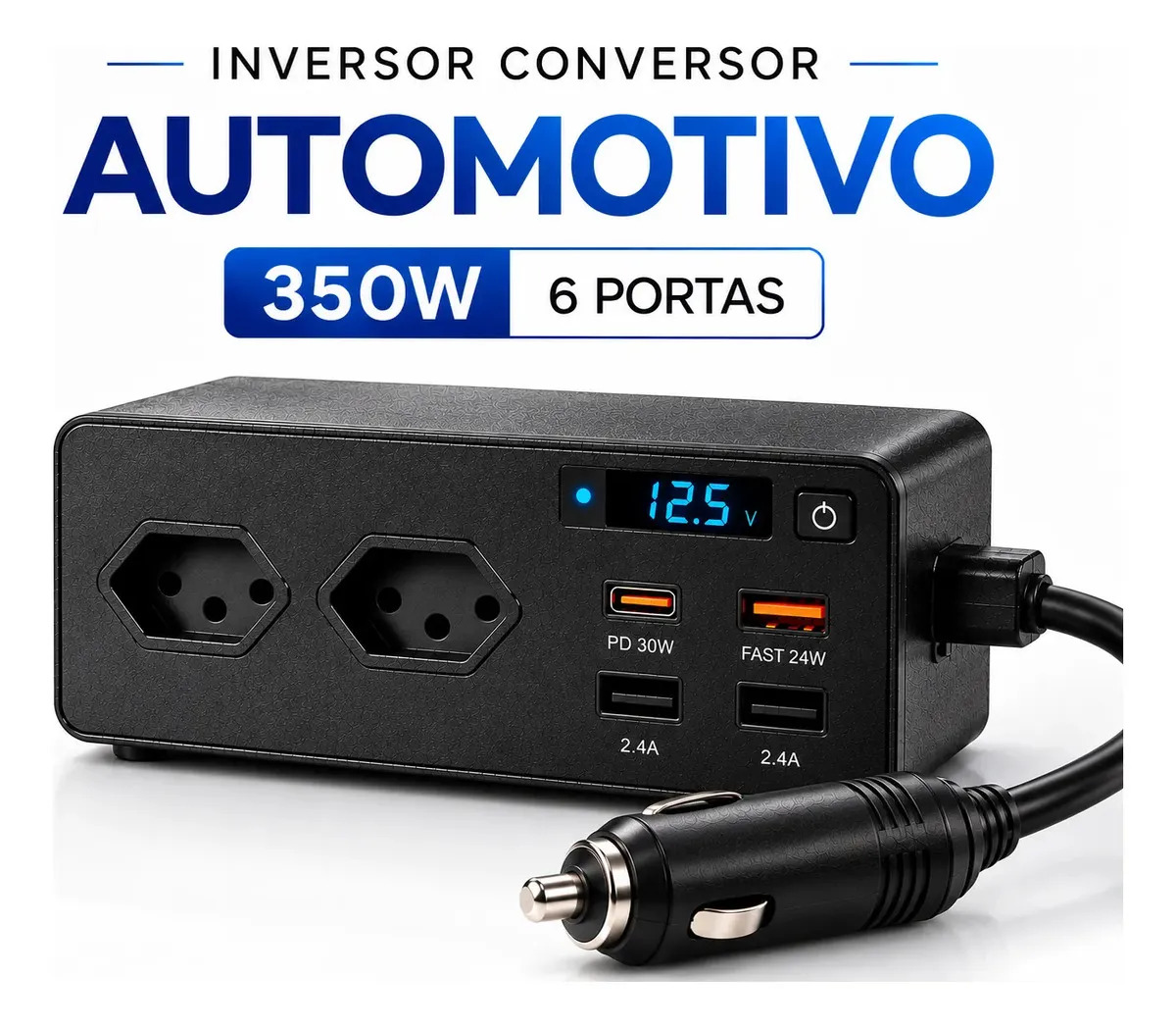 Conversor Inversor Carro 350w 12v Para 110v 6 Portas Automotivo Tomada Carro Veicular Motorhome USB e LED Inversor De Tensão Veicular