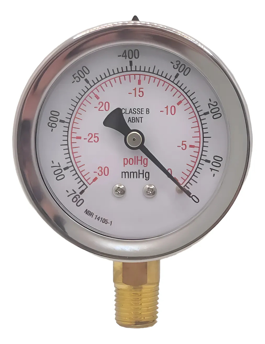 Vacuômetro Aço Inox 62mm Reto 1/4 30pol 760mhg Glicerinado