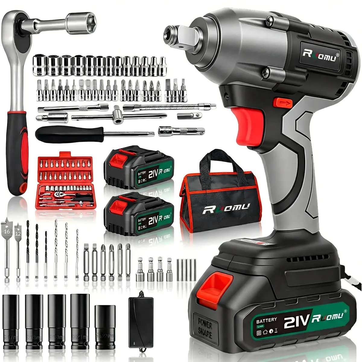 Chave De Impacto Ruomutool-307 Sem Fio 520 Nm Com Bateria e Acessórios