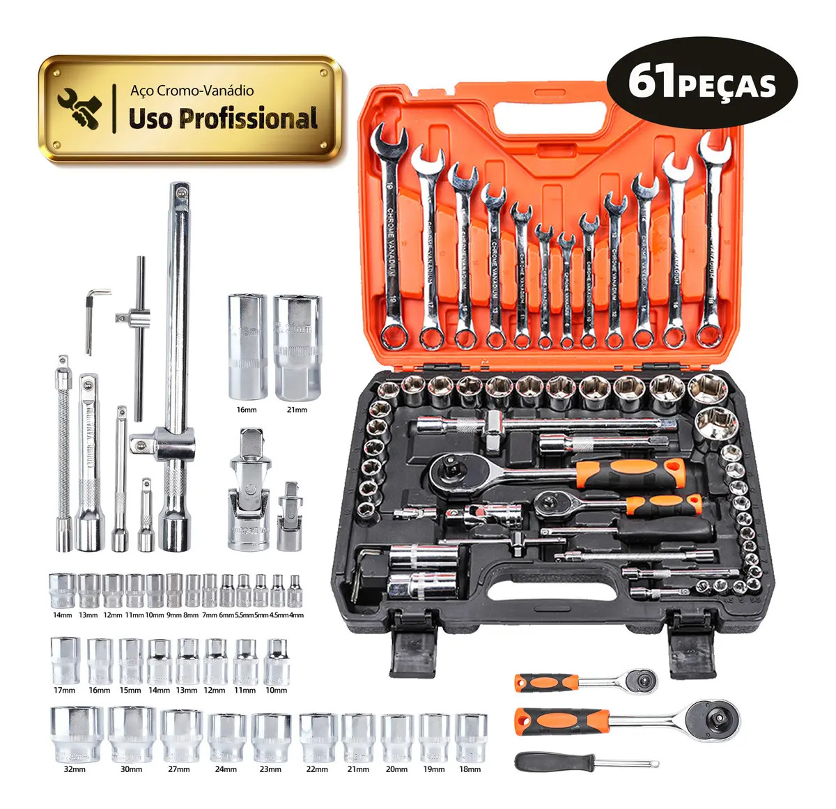 Inova Cases Jogo De Soquetes Automotivo Maleta De Chaves Sextavados Catracas Caixa De Ferramentas 61 Peças Kit Acessorios Combinada Completa Allen Torx Gedore Para Loja do Mecanico Oficina Mecânica