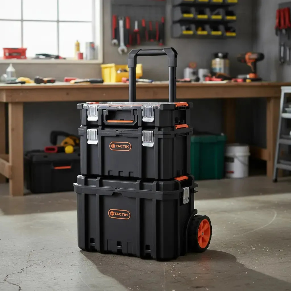 Kit Caixa De Ferramentas Maleta Modular Reforçada Carrinho Com Rodas E Alça Telescópica Tactix Preto