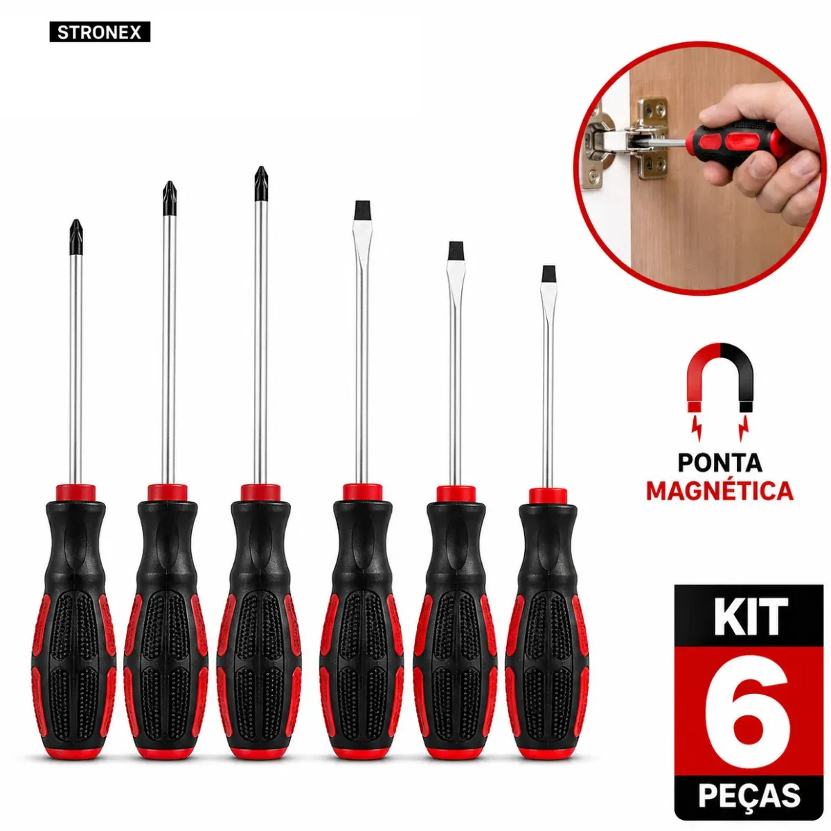 KIT CHAVE DE FENDA JOGO COM 6 CHAVES PEÇAS PHILLIPS MAGNÉTICA IMANTADA COM IMÃ PARA PARAFUSO CABO EMBORRACHADO AÇO CARBONO STRONEX