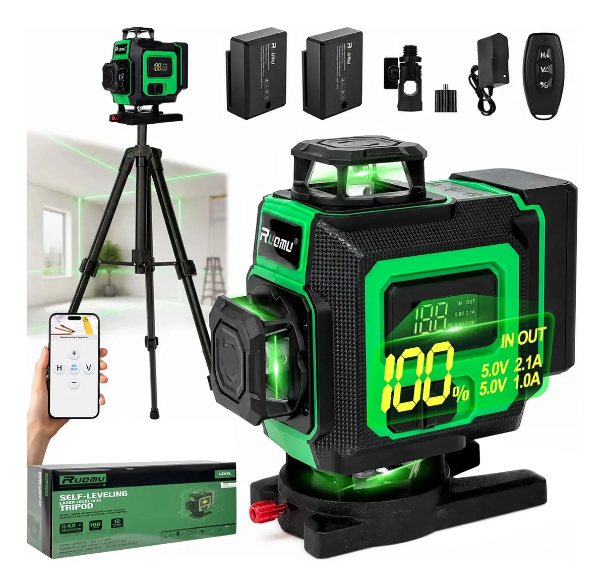 Nível Laser 16 Linhas Verde 360° Com Tripé 2 Baterias