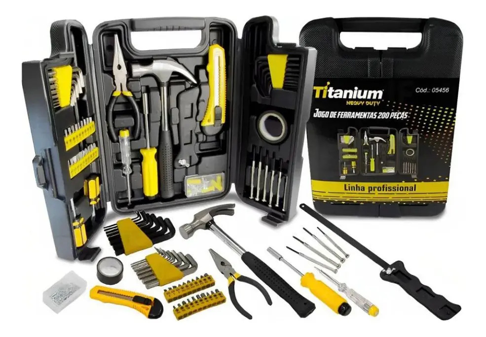 Kit Ferramentas 200 Peças c/ Maleta Titanium - Chaves, Alicates, Martelos, Serra - Aço Carbono - DIY Oficina Casa