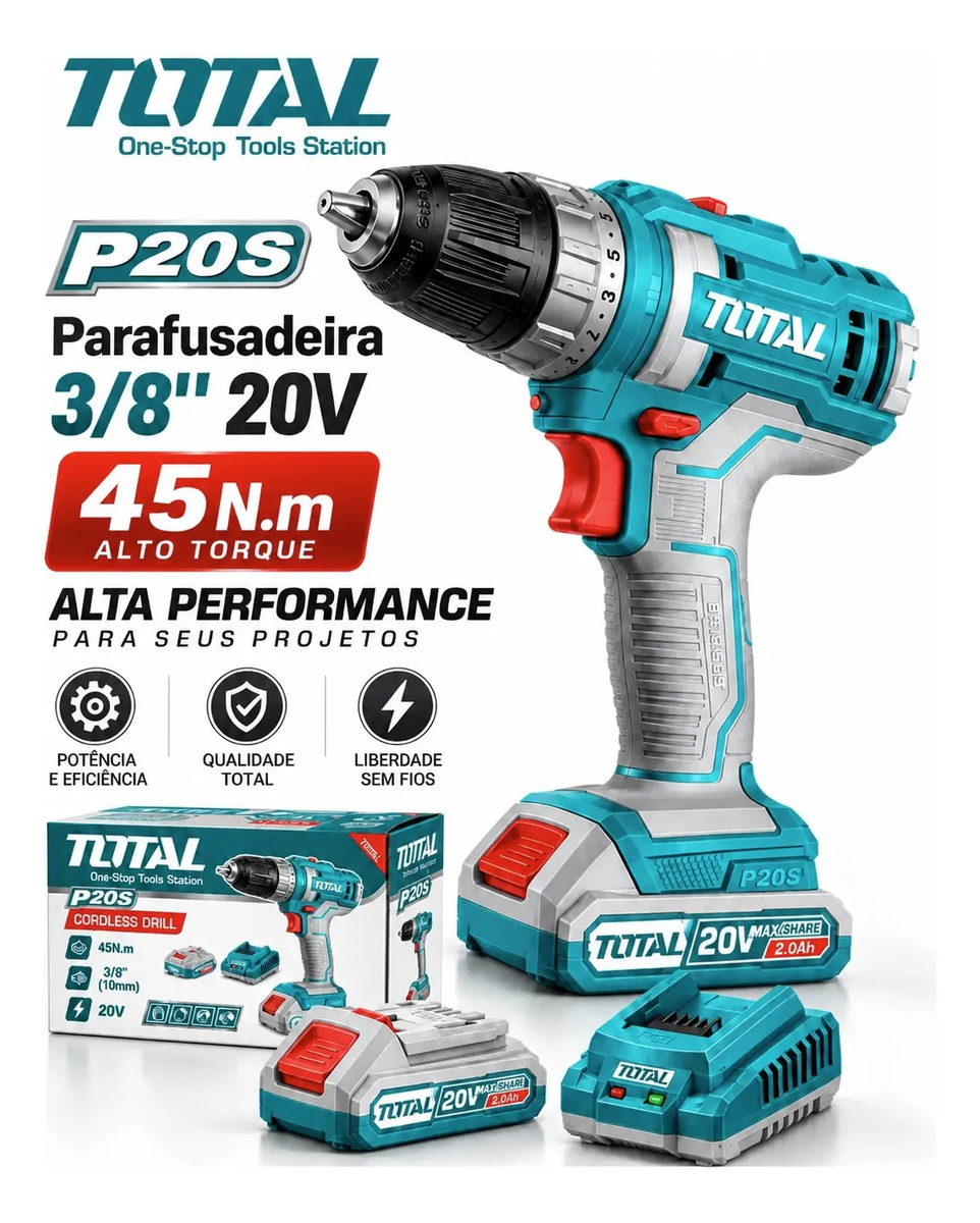 Parafusadeira Total P20s 20v 3/8 45nm Bateria