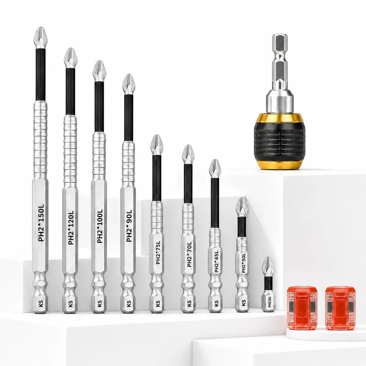 Kit 9 Ponta Bits Magnéticas K5 Ph2 Parafusadeira，Inclui 1 adaptador e 2 magnetizadores.