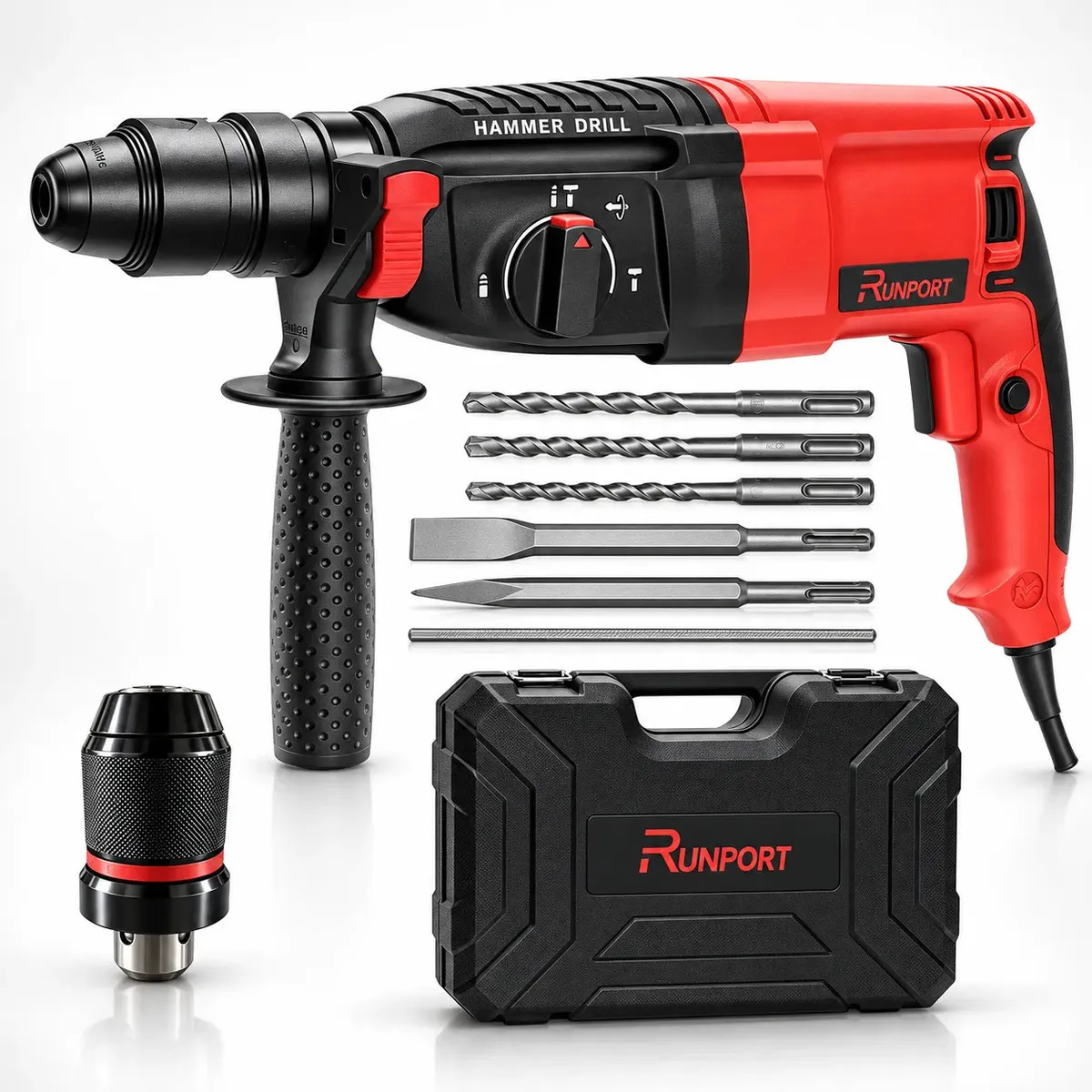 Martelete Perfurador Rompedor Profissional Runport SDS Plus 1300W 3.2J 26mm 3 Funções com Maleta e Acessórios