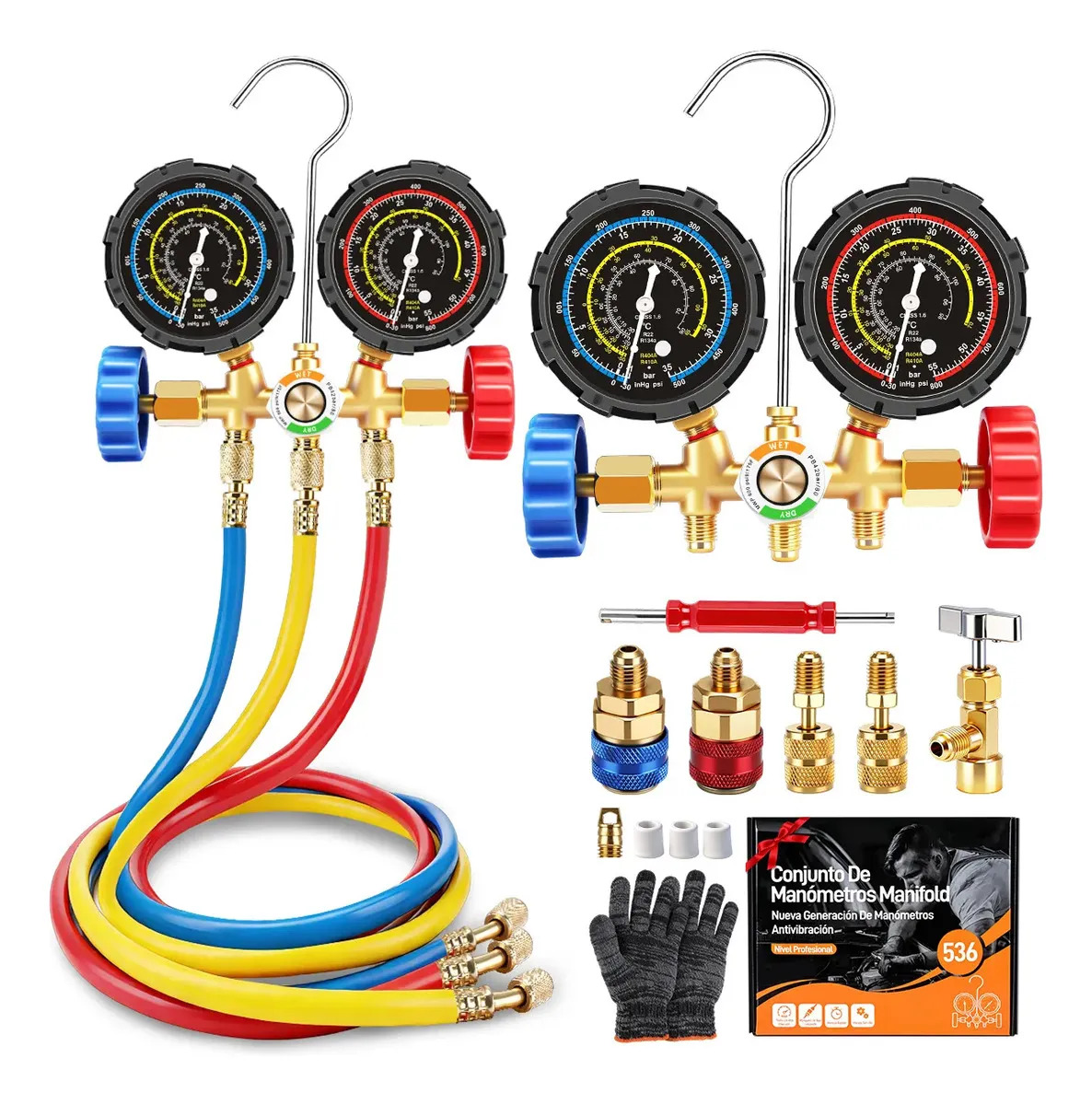 Kit de Manifold GOZBING com Manômetros e Mangueiras de 90 cm Para R134a, R22, R404a e R410a