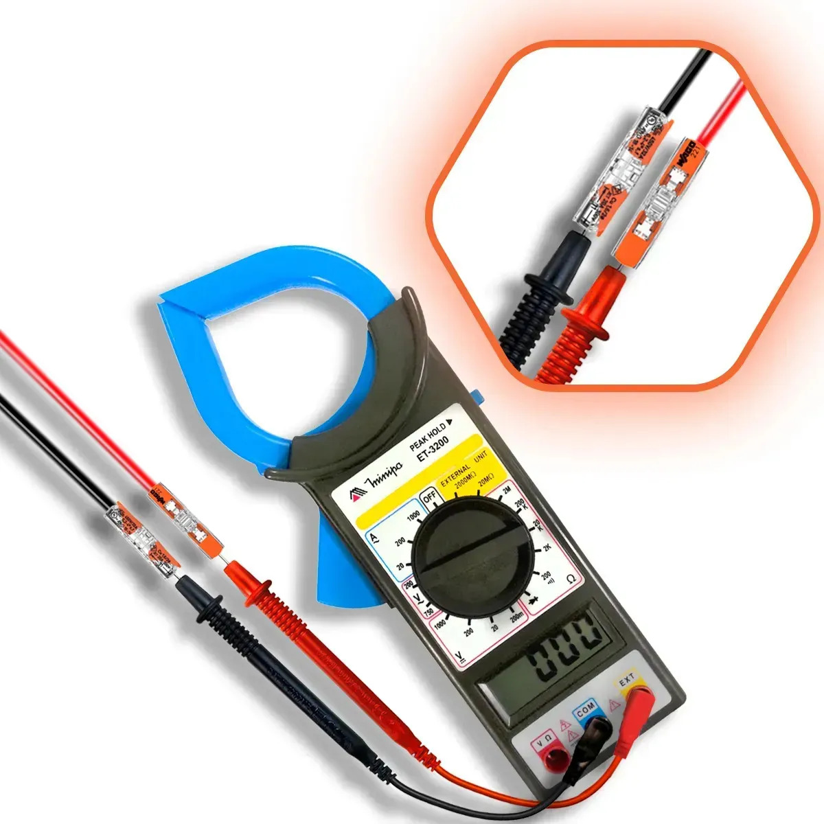 Alicate Amperímetro 750v Peak Hold Minipa Et-3200 Corrente AC de até 1000A e tensão AC e DC com dois conectores 221-2411